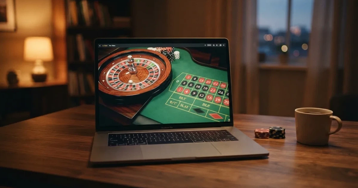 A live dealer roulette wheel streamed to a laptop screen